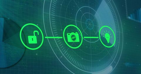 Neon green padlock camera light bulb icons connecting on futuristic hud with radar rings