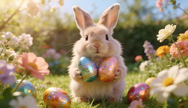 Fluffy brown rabbit holding painted easter eggs in sunlit spring garden with pastel blooms