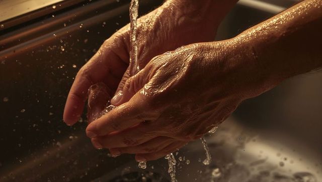 Rinsing mature hands under running faucet, water droplets and wrinkled skin closeup