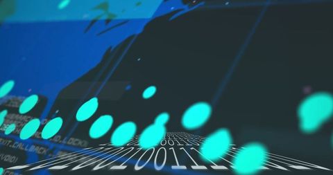 Neon data highway with binary code and floating cyan orbs conveying high-tech network