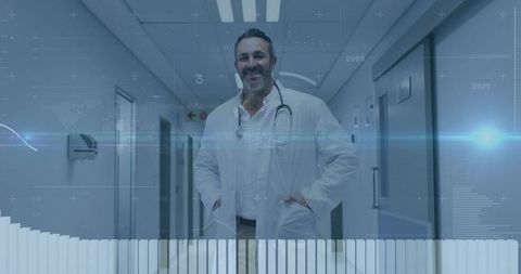Confident Doctor in Hospital Corridor with Technological Interface