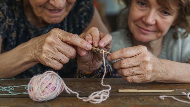 Senior woman teaching adult daughter crocheting close-up hands with pastel yarn and hook