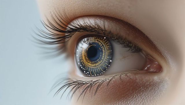 Human eye with golden cybernetic iris hud and futuristic circuitry biometric detail