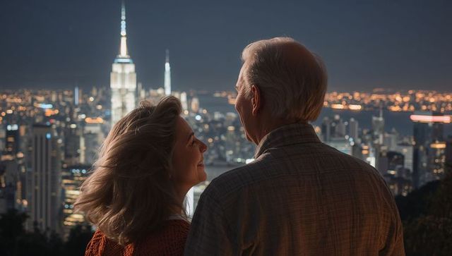 Senior Couple Enjoying Romantic Night City Skyline Overlook With Twinkling Urban Lights