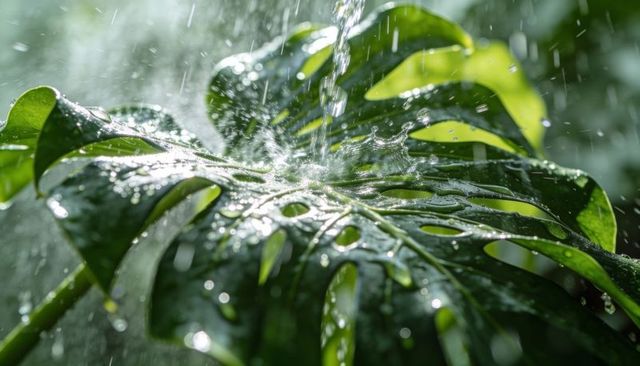 Monstera leaf catching falling water, splash droplets and glossy tropical bokeh