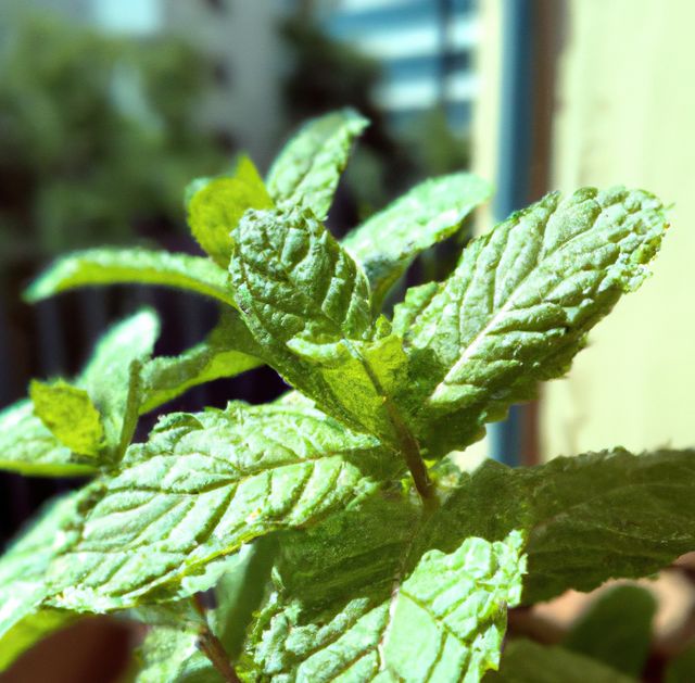 Close-up showing fresh mint leaves basking in sunlight, presenting vibrant green color and texture. Ideal for use in culinary websites, gardening blogs, health and wellness articles, or promoting plant-based products. Captures the essence of natural growth and encourages home gardening.