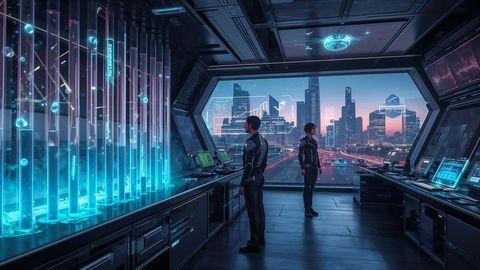 Futuristic Data Center with Holographic Interfaces in High-Tech Office