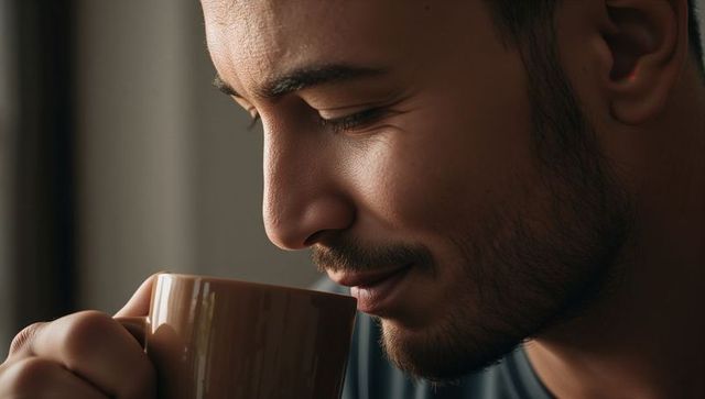 Bearded man savoring coffee aroma closeup profile morning calm and warmth