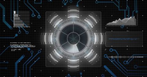 Futuristic circular hud dashboard rotating over digital grid with analytics telemetry and circuitry