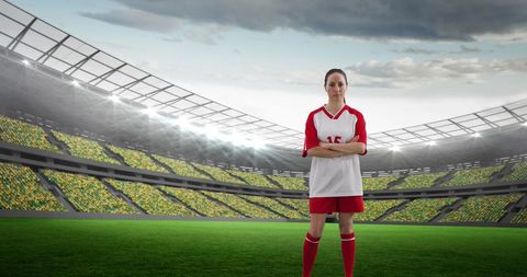 Caucasian female soccer player standing on professional field