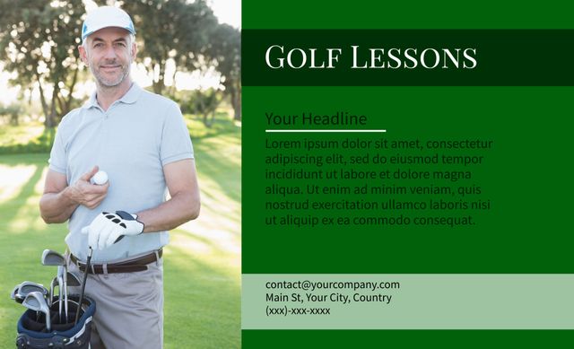 Smiling Golf Instructor Promoting Coaching Services and Gear - Download Free Stock Templates Pikwizard.com