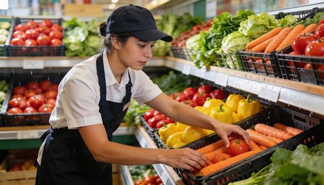 Produce clerk stocking fresh vegetables in supermarket aisle wearing apron and cap, sorting produce