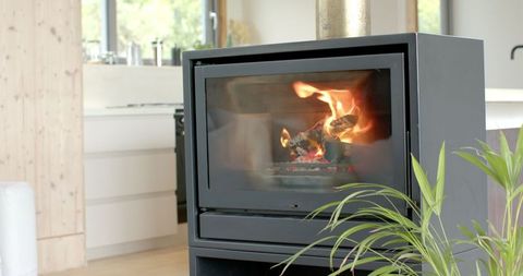 Modern Eco-Friendly Wood-Burning Stove in Cozy Kitchen Interior