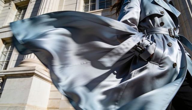 Windblown light blue trench coat walking woman city street fashion editorial motion