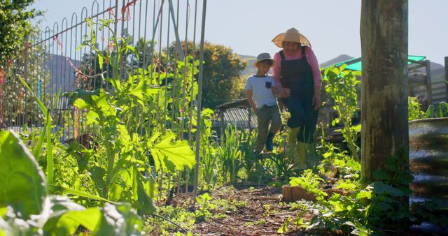 Elderly woman teaches young boy about gardening in a sunlit community garden, emphasizing family bonding and outdoor activities. Ideal for content related to gardening, family time, nature activities, community projects, and outdoor education.