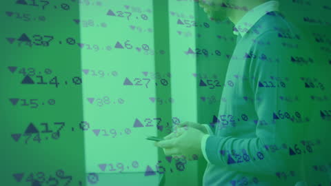 Caucasian Businessman Using Smartphone with Stock Market Overlay