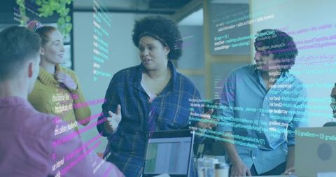 Team Collaboration in Modern Office with Digital Overlay of Coding