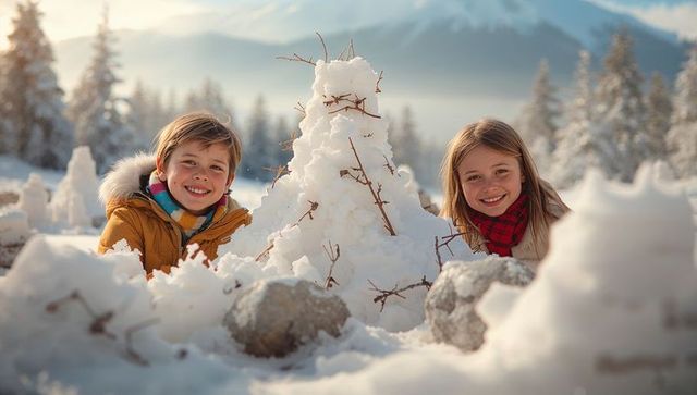 Children Enjoying Winter Building Creative Snow Structures