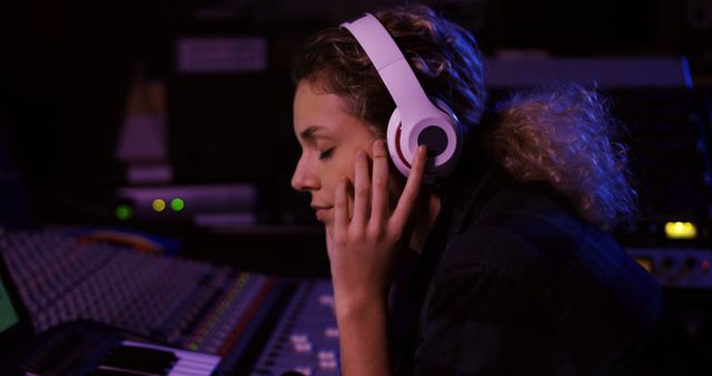 Young Musician Wearing Headphones Listening to Mixing Workstation in Recording Studio - Download Free Stock Images Pikwizard.com