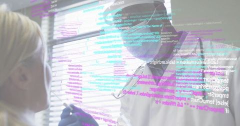 Clinician wearing mask and stethoscope examining patient with nasal swab, holographic code overlay