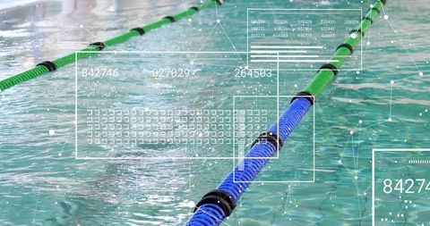 Swimming pool lane rope with digital hud overlay and network data visualization