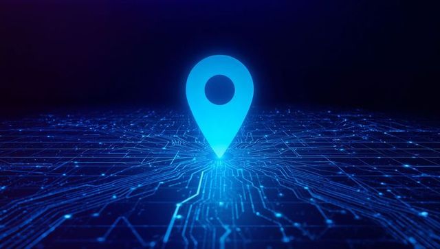 Glowing location pin connecting futuristic cyber circuit network for navigation