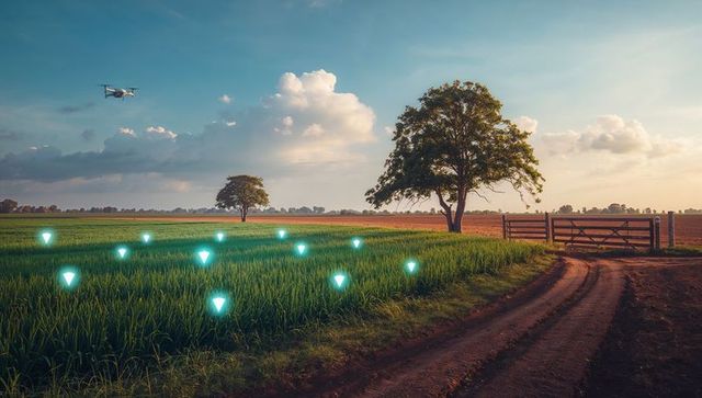 Drone surveying crop canopy with glowing beacons over rural farmland at golden hour