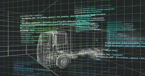 Wireframe Semi-Truck in Futuristic 3D Virtual Workspace