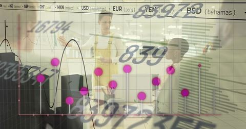 Team presenting financial charts overlaid on office meeting showing data visualization