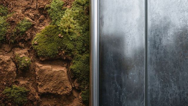 Moss-covered soil meeting weathered metal panels, contrasting organic texture with steel