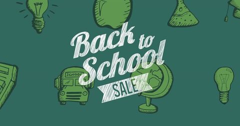 Back to School Sale with Educational Icons on Green Background