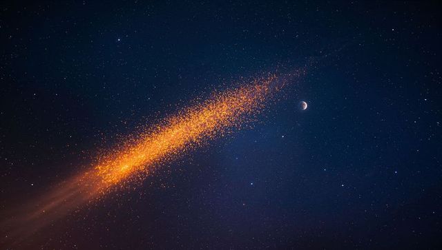 Fiery Orange Meteor Streaking Past Crescent Moon Over Night Starfield, Golden Dust Trail