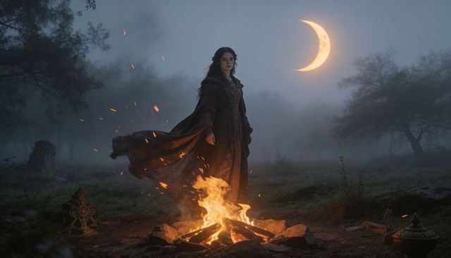 Mystical sorceress standing by campfire in misty forest under glowing crescent moonlight
