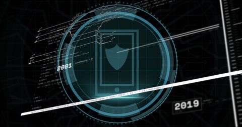 Digital data processing interface with cyber shield symbol