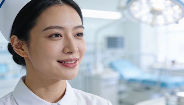 Smiling nurse wearing white uniform and cap in bright clinical portrait