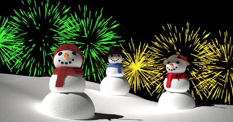 Festive Snowmen Watching Bright Firework Display on Winter Night