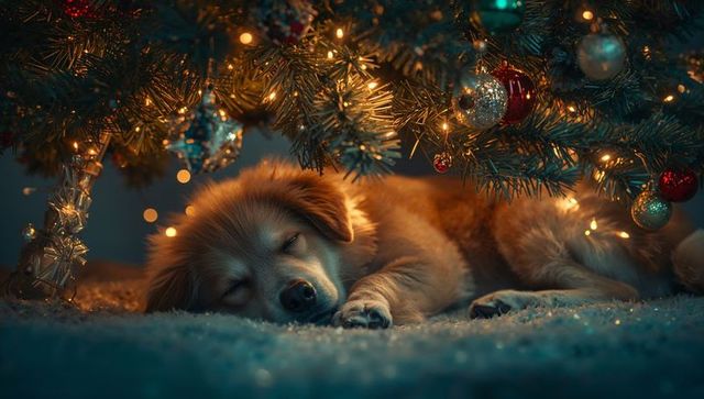 Adorable Puppy Sleeping Cozy Under Christmas Tree