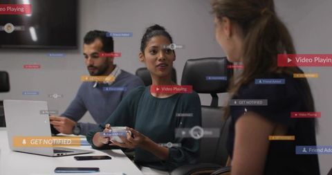 Business team collaborating with augmented ui overlays, woman leading meeting in conference room