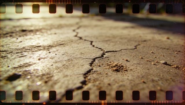 Sunlit cracked asphalt showing jagged diagonal fissure, film sprocket holes, macro grain