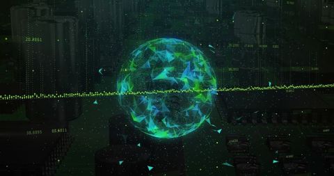 Holographic globe rotating in high-tech data center