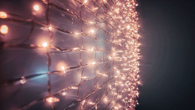 Warm glowing led net lights creating cozy ambient bokeh curtain for home and event decor