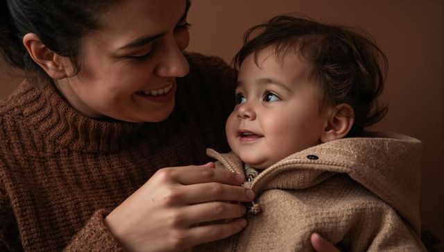 Fastening toddler hooded coat, caregiver sharing tender bonding moment in warm brown tones