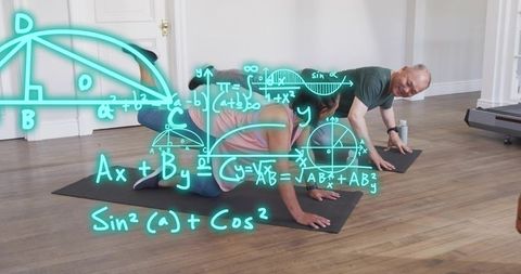Couple performing partner plank workout in home studio with neon math diagram overlay