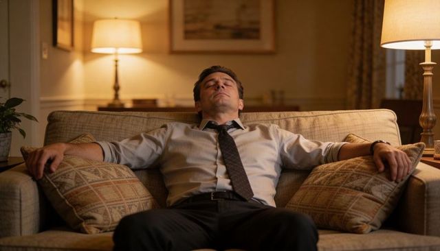 Businessman relaxing on sofa with loosened tie and rolled sleeves in warm living room