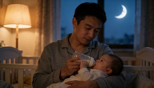 Asian father feeding baby at night in cozy nursery with moonlight glow