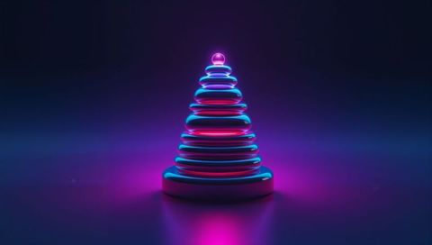 Neon futuristic cone sculpture with stacked glossy rings and cyan magenta glow