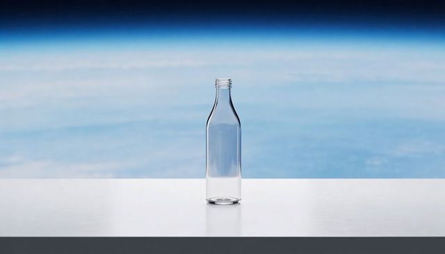 Standing clear glass bottle on minimalist table with blue horizon