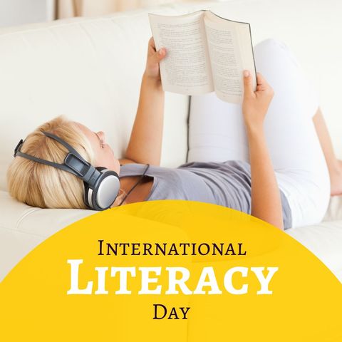 Young Woman Relaxing with Book and Headphones Celebrating Literacy Day