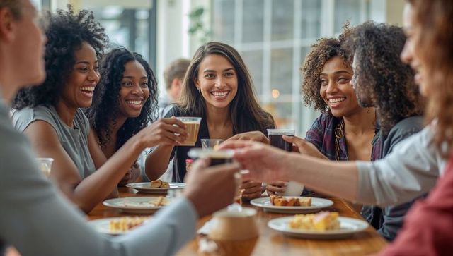 Friends toasting coffee and pastries in cafe, smiling asian woman centered among diverse group