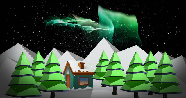 Depicts a cozy cabin surrounded by snow-covered trees with mountains in background and glowing northern lights in sky. Suitable for content relating to winter, nature, holiday destinations, or peaceful retreats.